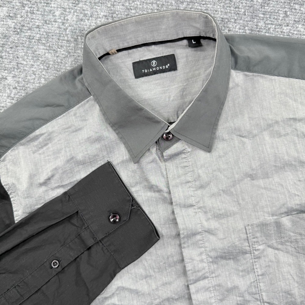7 DIAMONDS Mens Grey Black Colorblock Long Sleeve Button Up Shirt Size Large